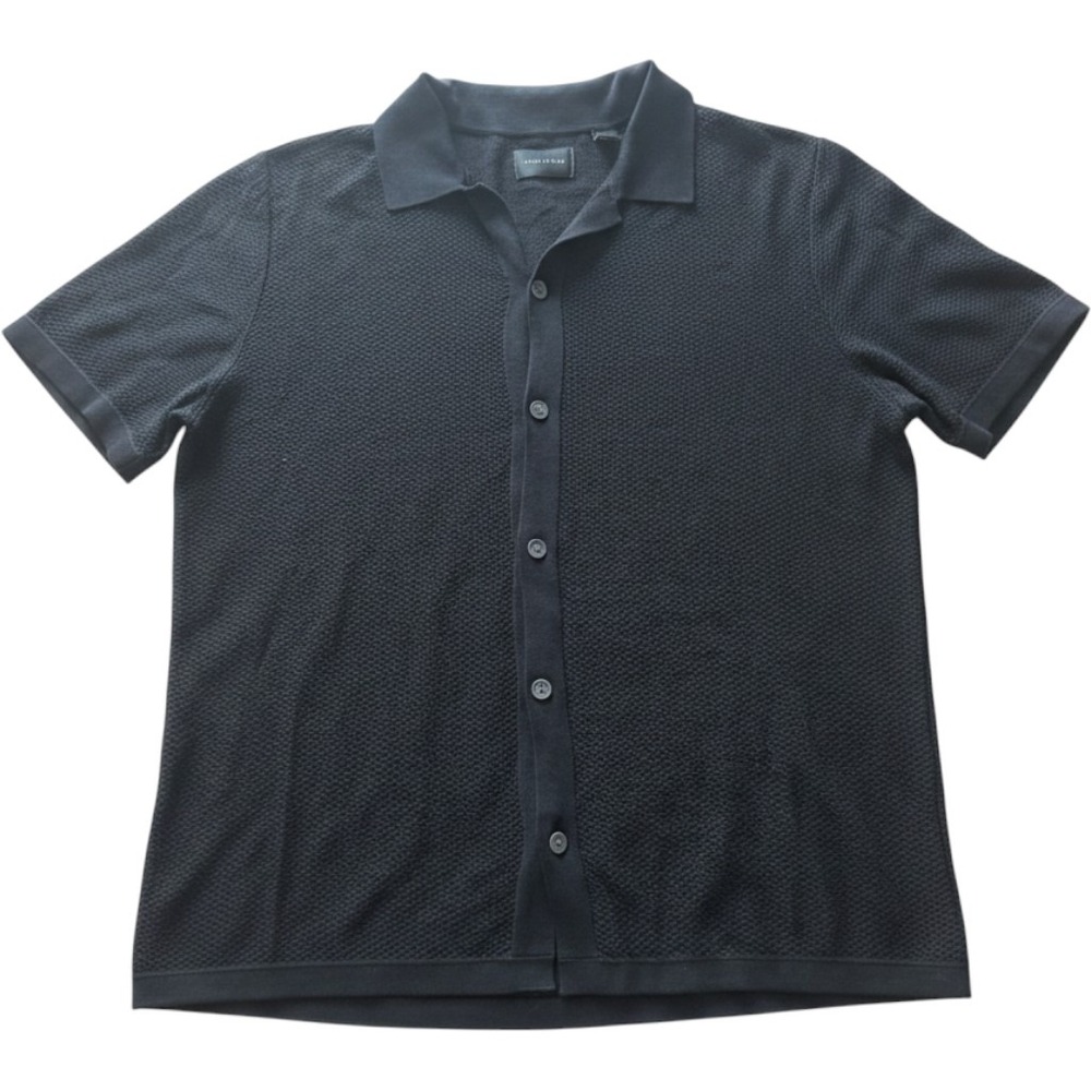 Perry Ellis Mens Black Waffle Knit Short Sleeve Button Down Camp Shirt Large